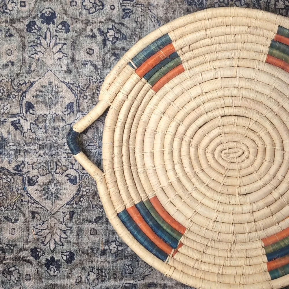 Vintage Woven Basket with Blue and Orange Accents & Handles To Hand Or Hold